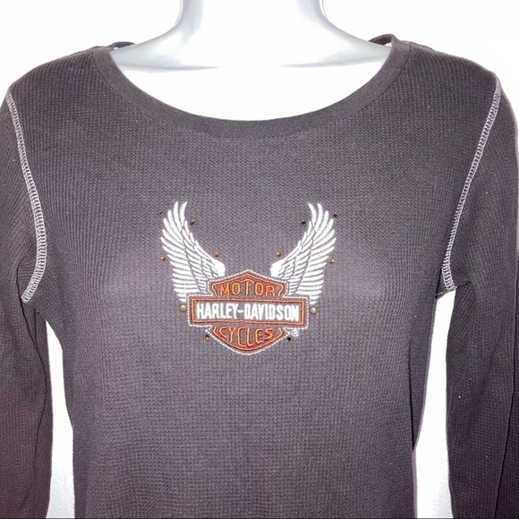 Harley Davidson Motorcycles Waffle Knit Long Sleeve Fitted Top Brown M /L - Picture 2 of 7